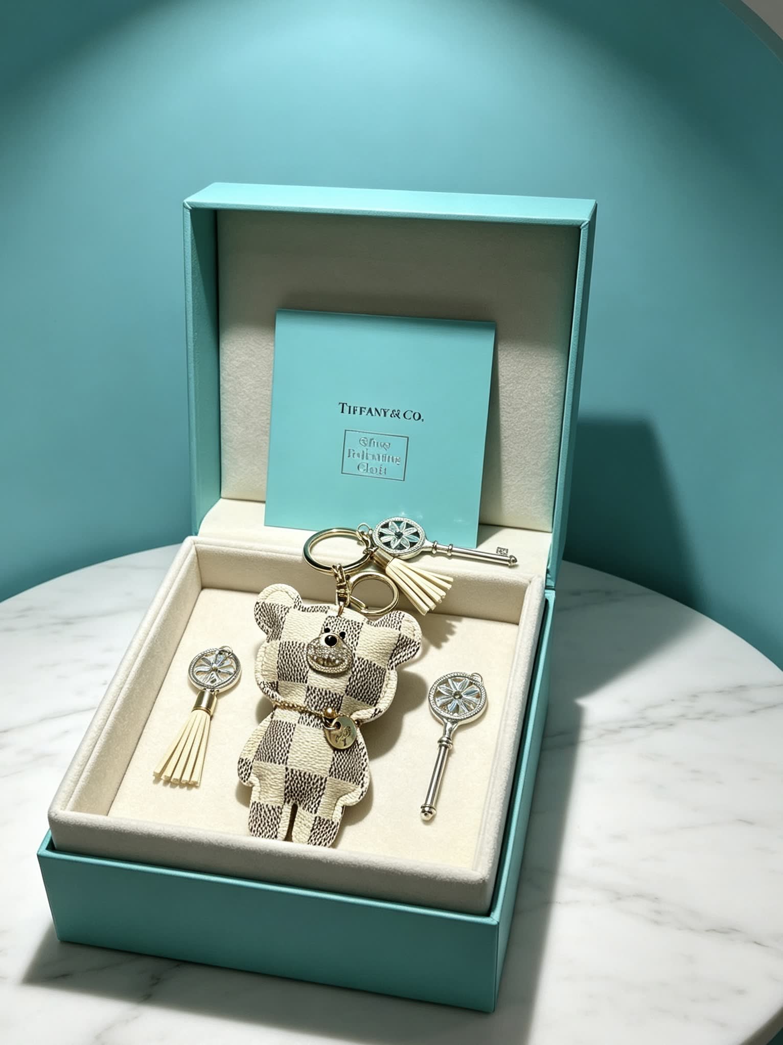 Tiffany & Co. Bear Keychain with Silver Key and Tassel